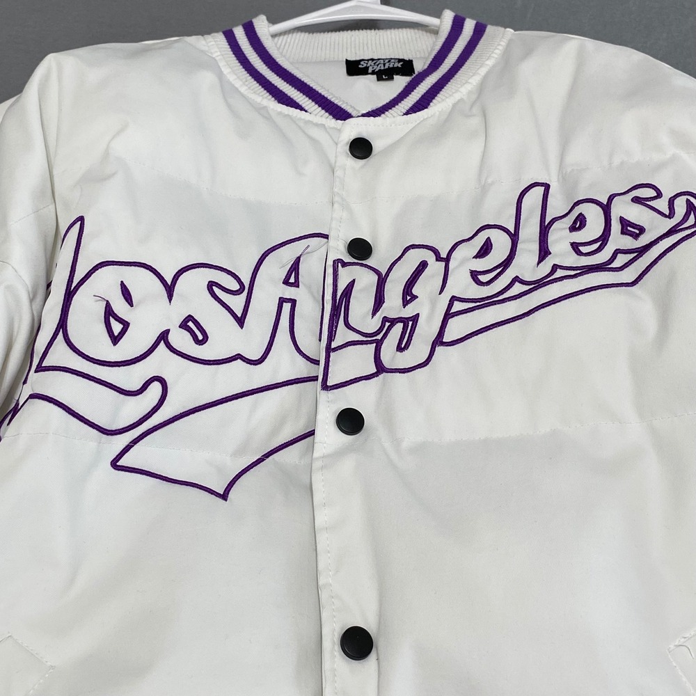 Skate Park Los Angeles Black Mamba Puffer Varsity Jacket White Purple Mens Large - Picture 6 of 11